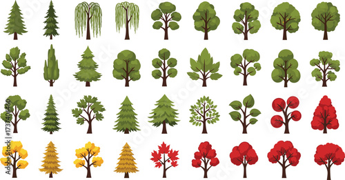 Seasonal tree illustration grid showing foliage diversity, botanical forms, autumn colors, conifer and deciduous types, nature design and educational concept.