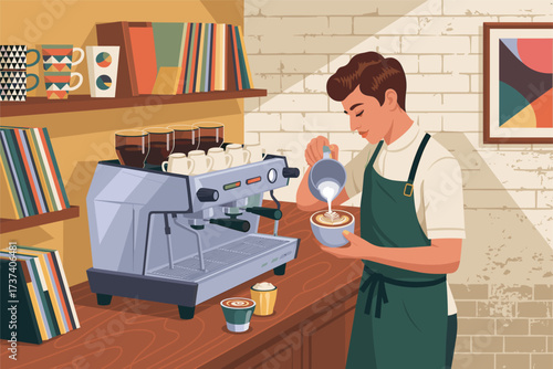 Flat vector of a 1960s retro coffee and vinyl shop with a barista creating latte art, espresso machine, colorful records, warm brick interior, nostalgic and cozy urban vibe