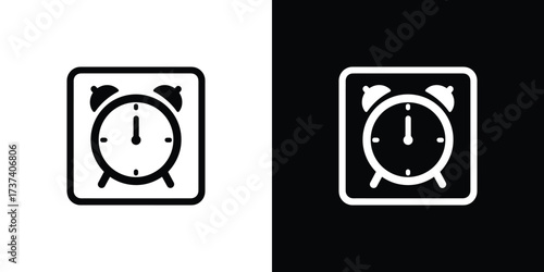 Clock Icon Inside Rounded Square, Alarm Symbols, Time Management, Black and White