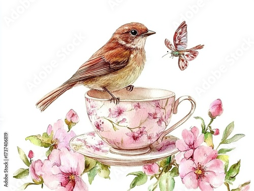 Watercolor painting of a bird perched on a pink teacup with flowers and a butterfly