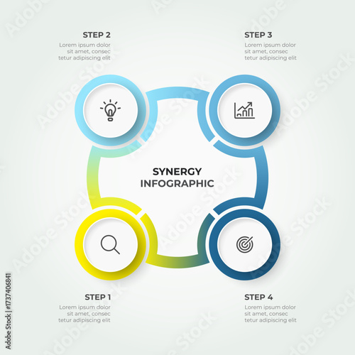 Modern infographic template design with circular flow design with 4 colorful gradient elements.