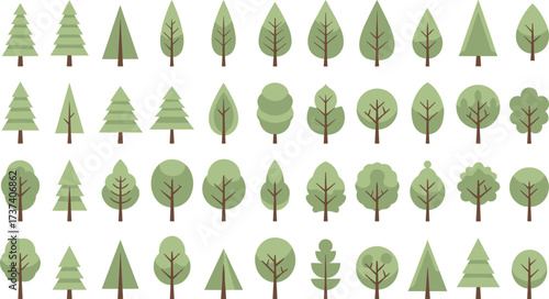 Stylized grid of 40 diverse tree icons with varied foliage, trunk shapes, conifer and deciduous forms for nature illustration design