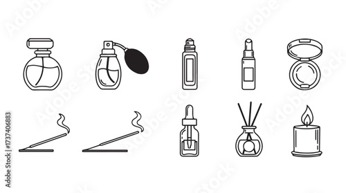 Collection of hand-drawn beauty and relaxation icons including perfume bottles incense sticks and candle vector