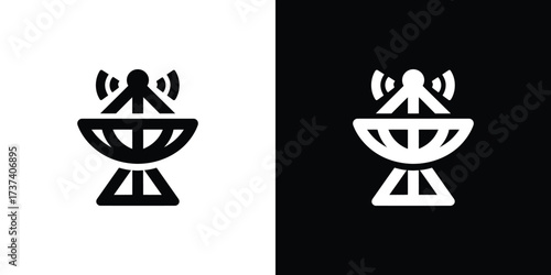 Communication Dish Icon. Transmitter antenna on a split background. Black and White