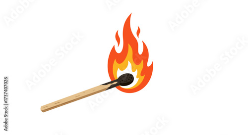 Cartoon Matchstick with Fiery Flame Illustration on White Background.