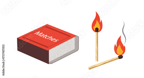 Matches and Flames: A Box of Matches with Burning Wooden Sticks.