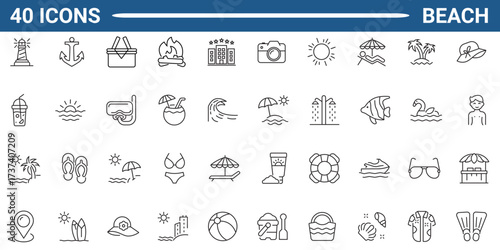 beach line editable icon set. Containing beach, wave, sunset, snorkeling, cocktail, etc. Editable stroke. Vector illustration