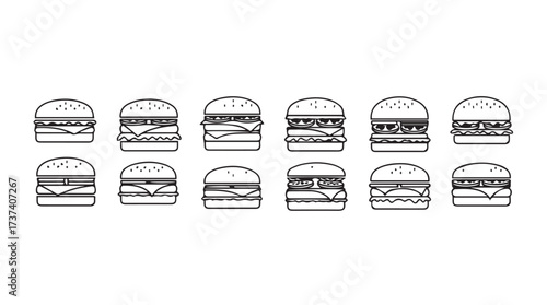 Collection of diverse hamburger icons with toppings and bun layers isolated vector