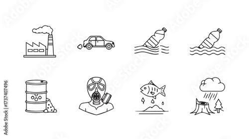 Set of hand drawn icons representing pollution and environmental hazards vector