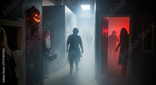Spooky haunted house scene with ghosts and ghouls in a dark hallway with eerie lighting