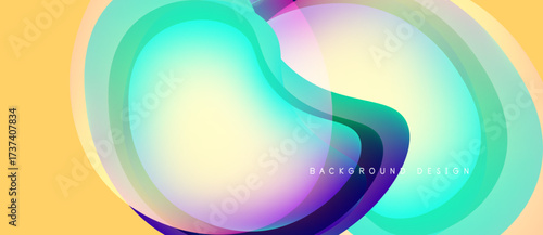 Abstract fluid shapes overlap, creating vibrant color gradients. Soft yellow background complements flowing design elements. Modern aesthetic.