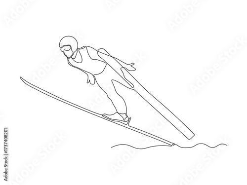Abstract faceless skier on skis jumps off a ski jump on a white background, continuous single one line art hand drawing sketch logo