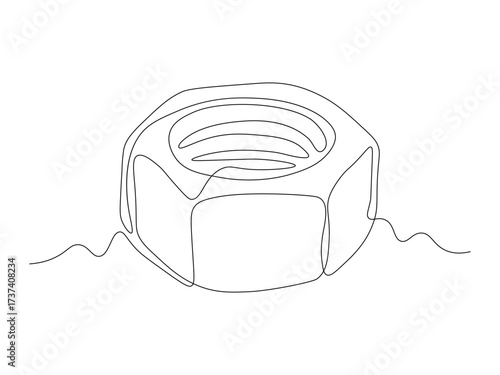 Abstract threaded nut on white background, continuous single one line art hand drawing sketch logo