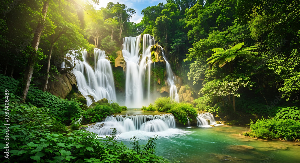 Obraz premium Majestic Waterfall Cascading Through Vibrant Jungle Paradise Landscape