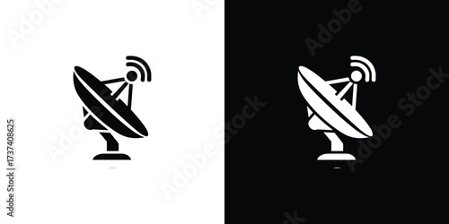 Isolated Satellite Dish Icon with Signals Radiating in Black and White Colors