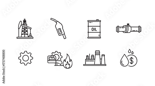 Set of hand drawn icons representing oil and gas industry concepts and resources vector