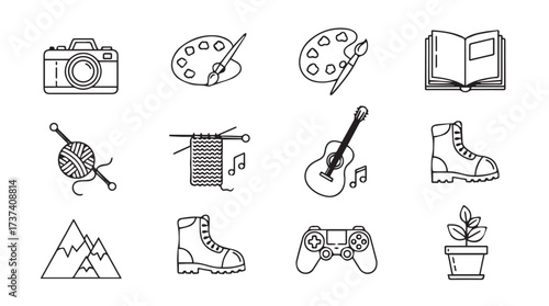 Doodle icons of hobbies and interests such as photography art music and outdoors vector