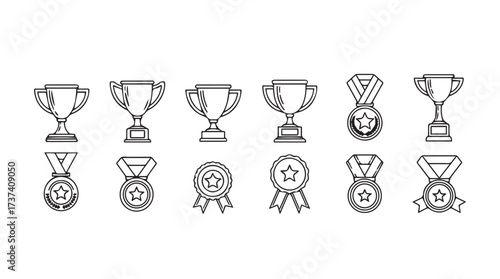 Collection of hand-drawn trophies and medals celebrating victory and achievement in sports and competitions vector