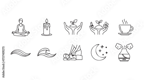 Hand drawn icons set for wellness meditation yoga and spiritual practices vector