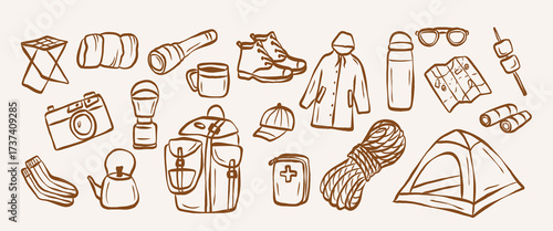 Hand drawn doodle camping essentials illustration