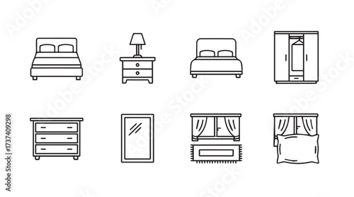 Bedroom furniture icons set simple line art style for interior design concepts vector