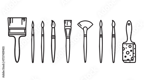 Collection of artistic paint brushes and tools in hand drawn sketch style for creative projects vector