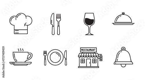 Set of hand drawn culinary and restaurant icons chef hat coffee cup wine glass and building vector