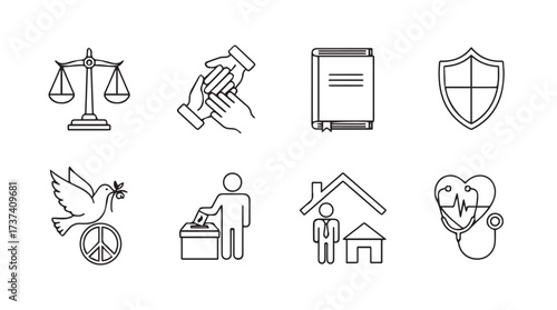 Collection of human rights and social justice icons representing freedom peace law health democracy and protection vector