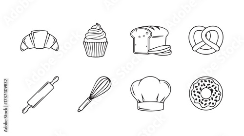 Hand drawn bakery collection featuring croissant cupcake bread pretzel rolling pin whisk chef hat and donut vector