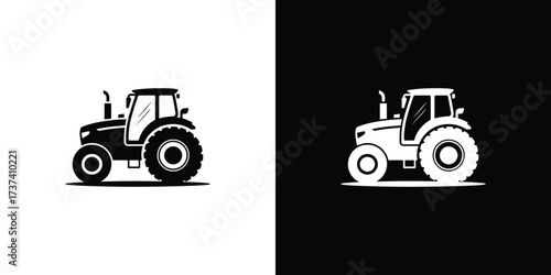 Tractor Silhouette Icon Set, Agricultural Machine, Black and White Isolated Design