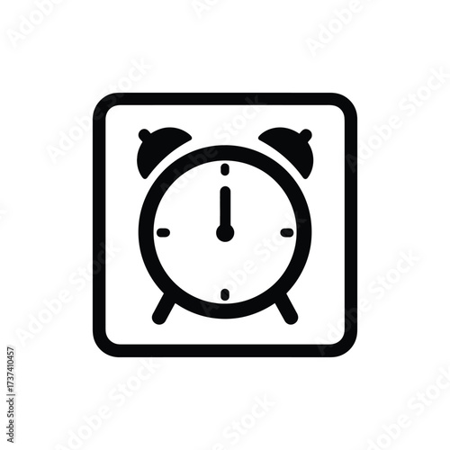 Alarm Clock Icon with Square Frame, Time Reminder in Simple Black Silhouette Style