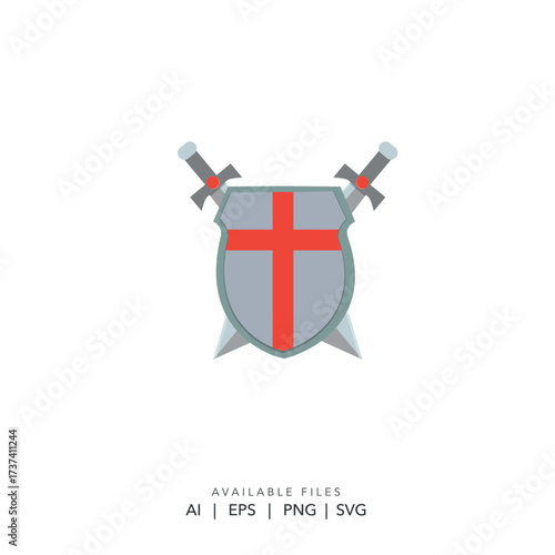 flat design crusader templar shield and crossed swords logo vector, medieval coat of arms icon