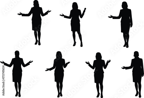 Multiple black silhouettes of a professional businesswoman or speaker gesturing with open hands, presenting, explaining, or welcoming, isolated on white.