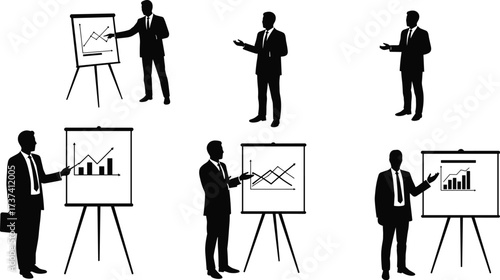 Multiple black silhouettes of a professional businessman presenting financial charts and graphs on a tripod whiteboard easel during a corporate meeting or seminar.