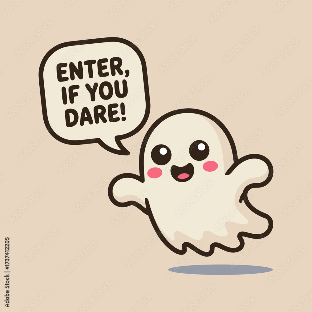 Obraz premium Cute cartoon ghost with rosy cheeks playfully dares you to enter its spooky realm, perfect for Halloween greetings and fun invitations.
