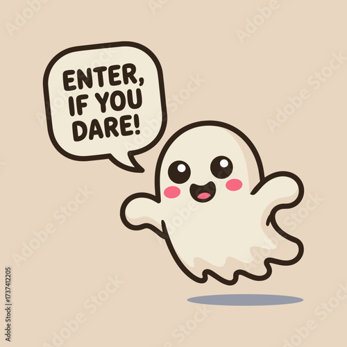 Cute cartoon ghost with rosy cheeks playfully dares you to enter its spooky realm, perfect for Halloween greetings and fun invitations.