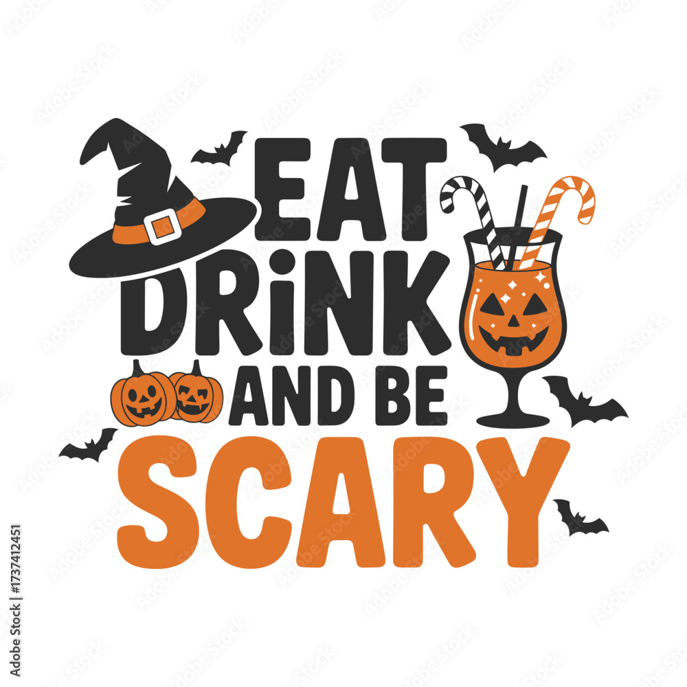 Fototapeta premium Celebrate Halloween with a spooky witch hat, pumpkins, and a festive jack o'lantern drink encouraging you to eat, drink, and be scary.