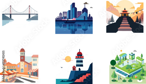 A curated premium bundle of six high-quality flat vector illustrations featuring modern skylines, historic town square, coastal lighthouse, suspension bridge, hilltop sanctuary, and an eco-friendly ca