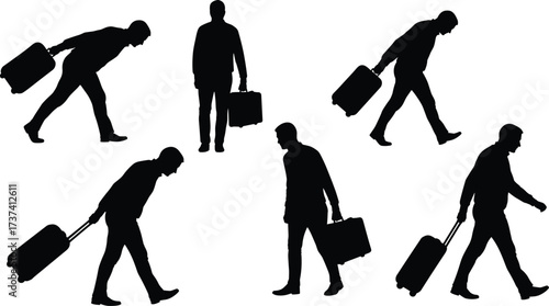 Collection of professional business traveler silhouettes, carrying suitcases and briefcases, walking and standing in various airport and travel scenarios.