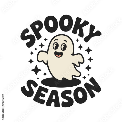 Adorable cartoon ghost happily exclaims "Spooky Season" surrounded by twinkling stars for fun Halloween designs