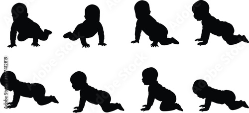 Black silhouette vector bundle of cute African American babies crawling, sitting, and exploring different developmental stages on a white background.