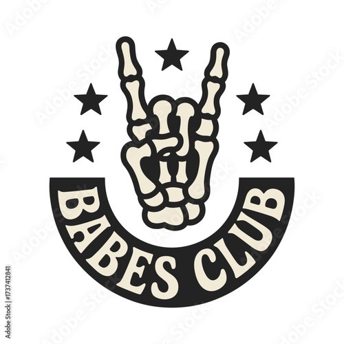 Edgy skeleton hand giving rock on gesture with 'Babes Club' text surrounded by stars, perfect for alternative fashion and music events