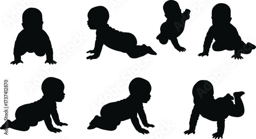 Black silhouette vector bundle of cute African American babies crawling, sitting, and exploring different developmental stages on a white background.