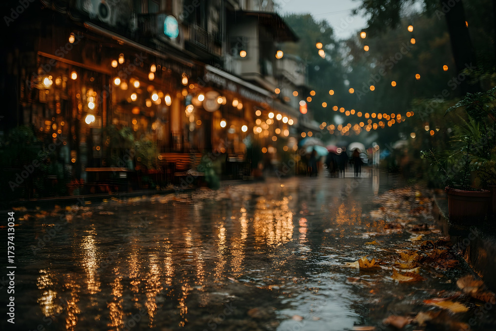 Fototapeta premium Cozy Urban Street with Glowing String Lights on a Rainy Evening for Poster Design