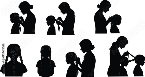 Silhouette of Mother Braiding Daughter's Hair, Woman Doing Child's Hairstyle, Family Bonding Moment, Beauty Ritual Vector Graphic, Black and White

.