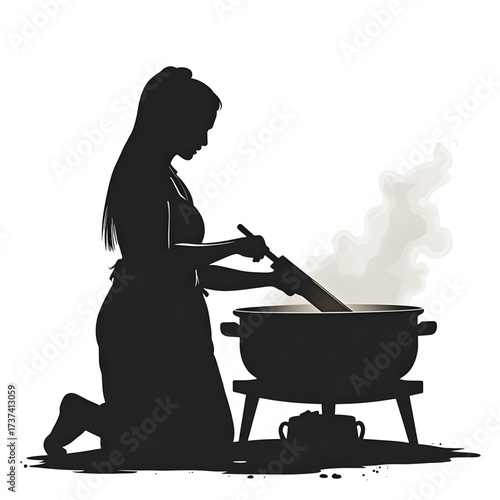 Silhouette of Culinary Craft: A woman kneels beside a cauldron, stirring with a wooden spoon, embodying culinary artistry in a timeless kitchen setting.