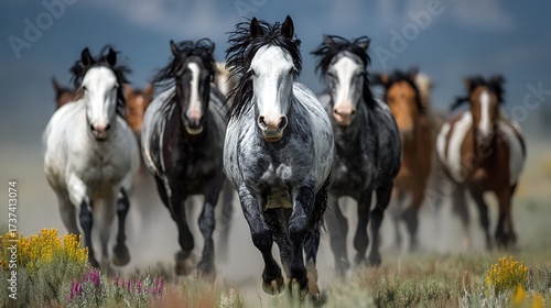 head-on perspective, a tightly packed herd of majestic feral horses runs directly towards the viewer, their expressive faces and powerful necks leading the charge. The force of their movement 