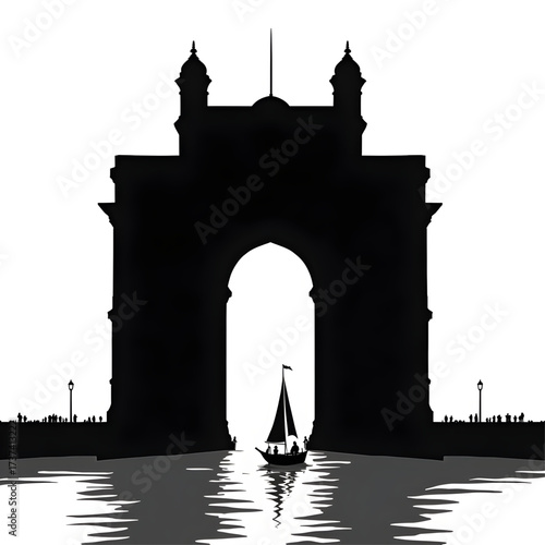 Silhouette of Gateway of India: Witness the iconic Gateway of India in Mumbai, framed against a reflective harbor, enhanced by a sailing vessel's silhouette.