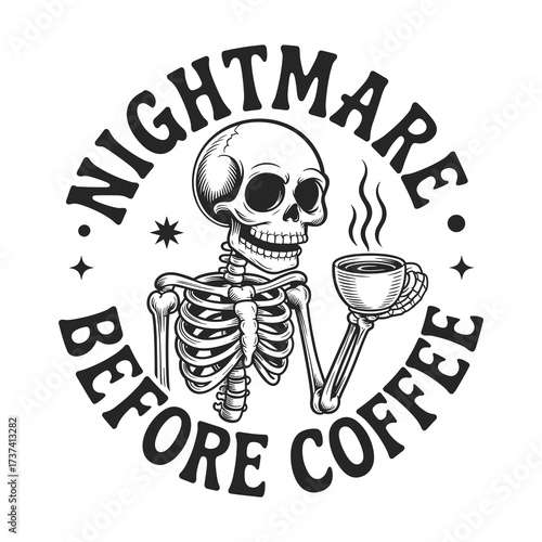 Spooky skeleton craving morning coffee after a nightmare, perfect for Halloween enthusiasts and caffeine lovers