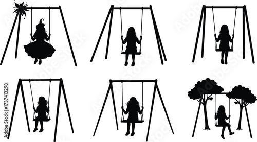 Little girl playing, Silhouette on white, Child on swing, Multiple girl silhouettes, Kids playing outside, Witch on swing, Tree silhouette swing, Playtime activity .